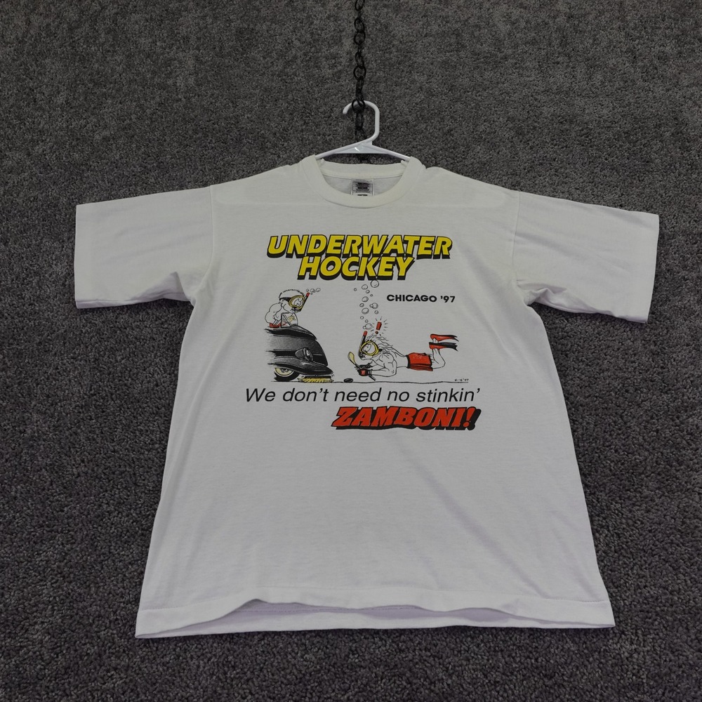 Fruit of the Loom T Shirt Mens Medium White Underwater Hockey Chicago 97 Graphic